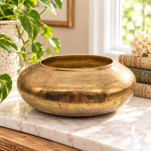 Vintage Hammered Brass Bowl Low Profile Bulbous Centerpiece Vessel Patina