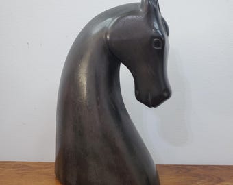 VTG Mid Century moderne schwarze Keramik Pferdekopf Statue Reiter Dekor MCM Chess Knight Büste Retro skulpturaler Tabletop Akzent