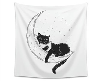 Celestial Cat Wall Tapestry, Black Cat Reading on the Moon, Cool Cat Art for Living Room, Housewarming Gift for Cat Lover