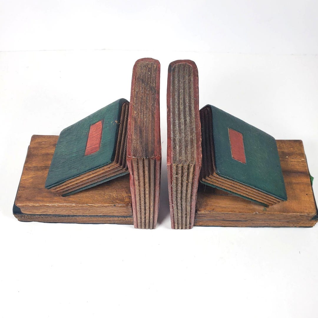Vintage Hand Painted Wood Bookends, Rustic Carved Books, Colorful Mid ...