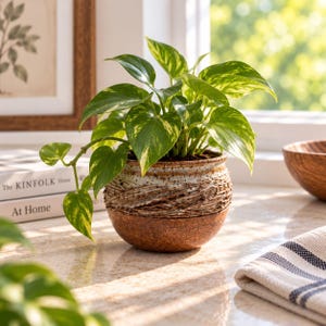 May include: A pothos plant with variegated green and yellow heart-shaped leaves potted in a round ceramic planter. The planter features a textured, ridged middle section with a speckled cream top and a smooth, solid dark brown base.