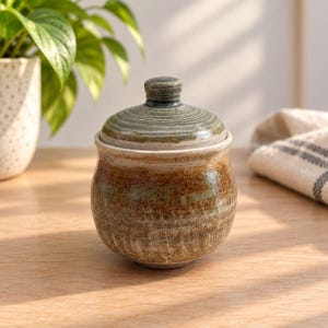 Op de afbeelding: Een ronde keramische pot met bijpassend deksel, voorzien van een gespikkeld glazuur in aardse tinten bruin, beige en saliegroen. Het oppervlak heeft een textuur met subtiele horizontale groeven rondom het lichaam en op het deksel.