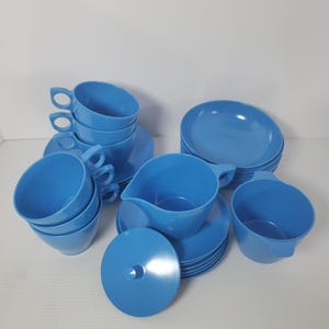 VTG 1950s Dorchester Melmac Dinnerware Set Blue 27 Pc 1960s Mid Century Modern Plates Cups Bowls Retro Plastic Kitchenware Picnic Camping