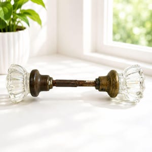 Vintage Glass & Brass Door Knob Set With Spindle Bar 6.5" Length 2" Diameter Rustic Patina