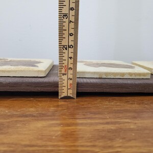 Puede incluir: Posavasos cuadrados con una superficie beige claro y un dise&ntilde;o marr&oacute;n, apoyados sobre una base de madera marr&oacute;n oscuro. Los posavasos miden aproximadamente 7,6 cm de largo, medidos con una regla.