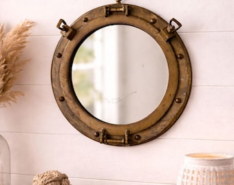 Okrągłe lustro ścienne w stylu iluminatora z antycznego mosiądzu z motywem marynistycznym, średnica 12 cali, wykończenie rustykalne