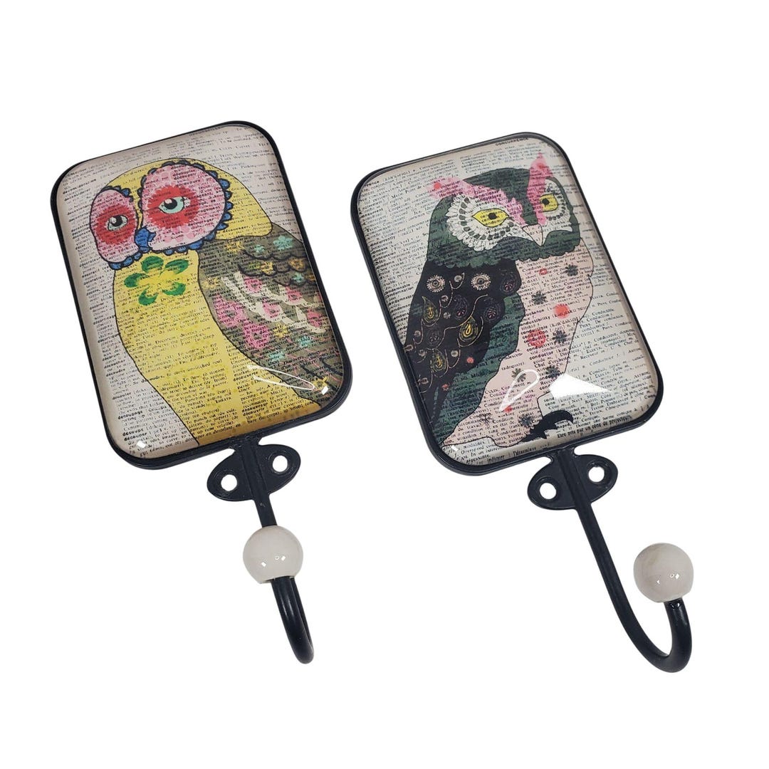 Boho Owl Wall Hooks Vintage Dictionary Art Glass Hooks Whimsical Bird ...