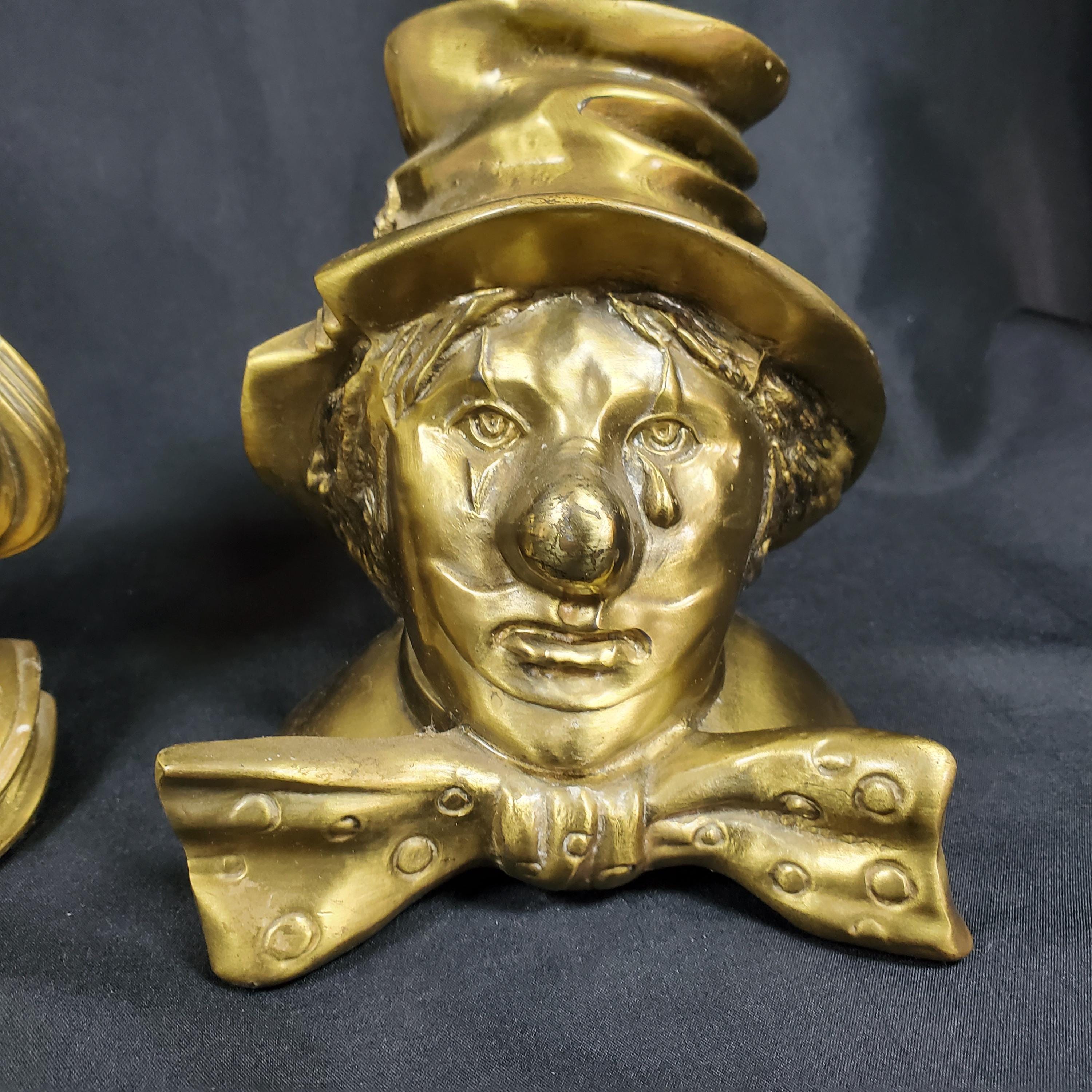 VTG PM Craftsman Clown Bookends Set Happy & Sad Brass Tone Cast