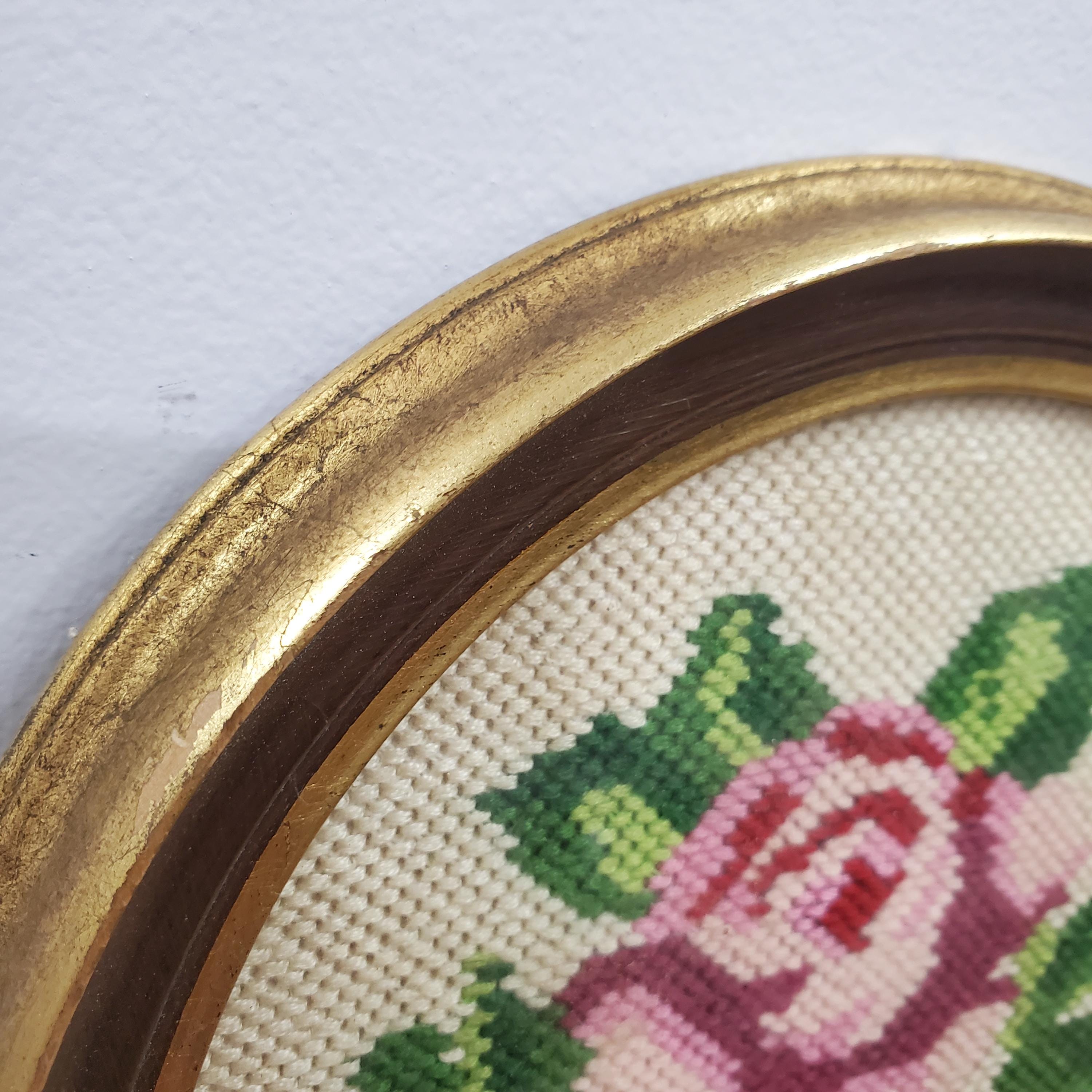 VTG Floral Needlepoint Wall Art Oval Frame Roses & Blue Flowers