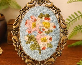 Vintage 3” Brass Frame with Floral Needlepoint Embroidery | Petite Oval Tabletop Frame | Cottagecore Shabby Chic Decor