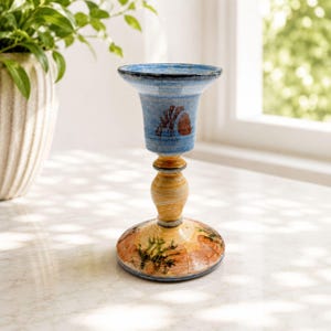 Vintage Tain Pottery Ceramic Candlestick Hand Painted Blue & Ochre Shrimp Motif Scottish Studio Pottery 6"