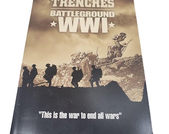 May include: A book cover with the title "TRENCHES BATTLEGROUND WWI" in white and brown text. The cover features a sepia-toned image of soldiers in a war scene, with the quote "This is the war to end all wars" at the bottom.