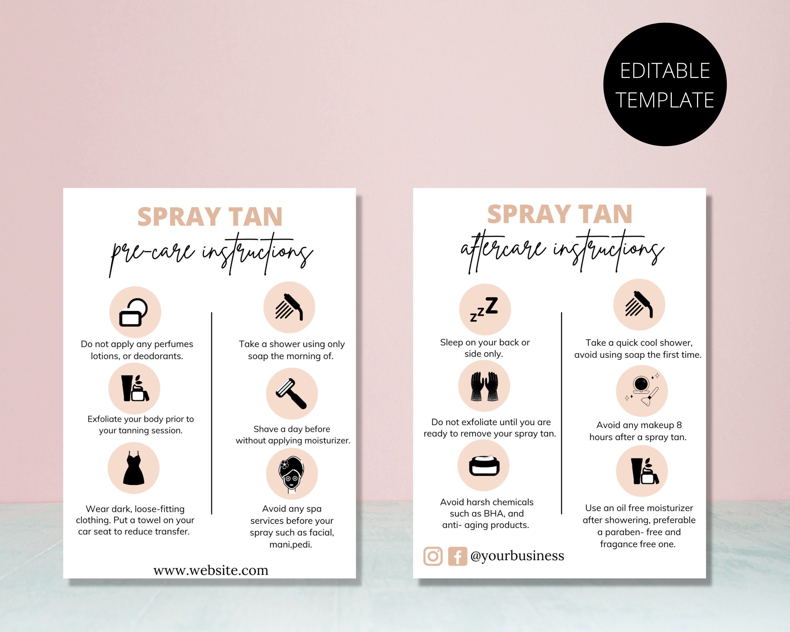 Spray Tan Care Card Spray Tan Aftercare Card Spray Tan Pre Care Card