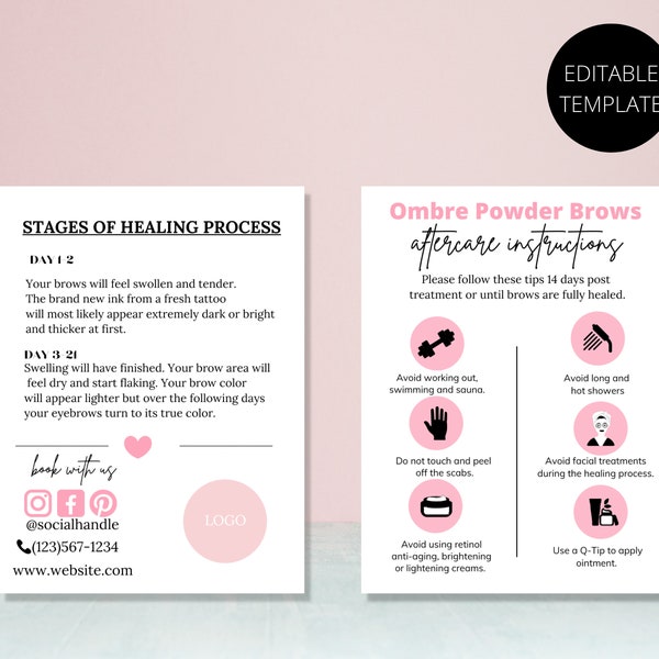 Powder Brow Care Card |Ombre Powder Brow Aftercare Card  Template | Pink Care Card | Canva | Micro shading Care Instructions