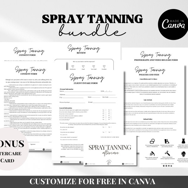 Spray Tan Forms - Editable Spray Tan Templates, Spray Tanning Consultation Forms, Spray tan aftercare cards, Esthetician Forms, Spa Forms