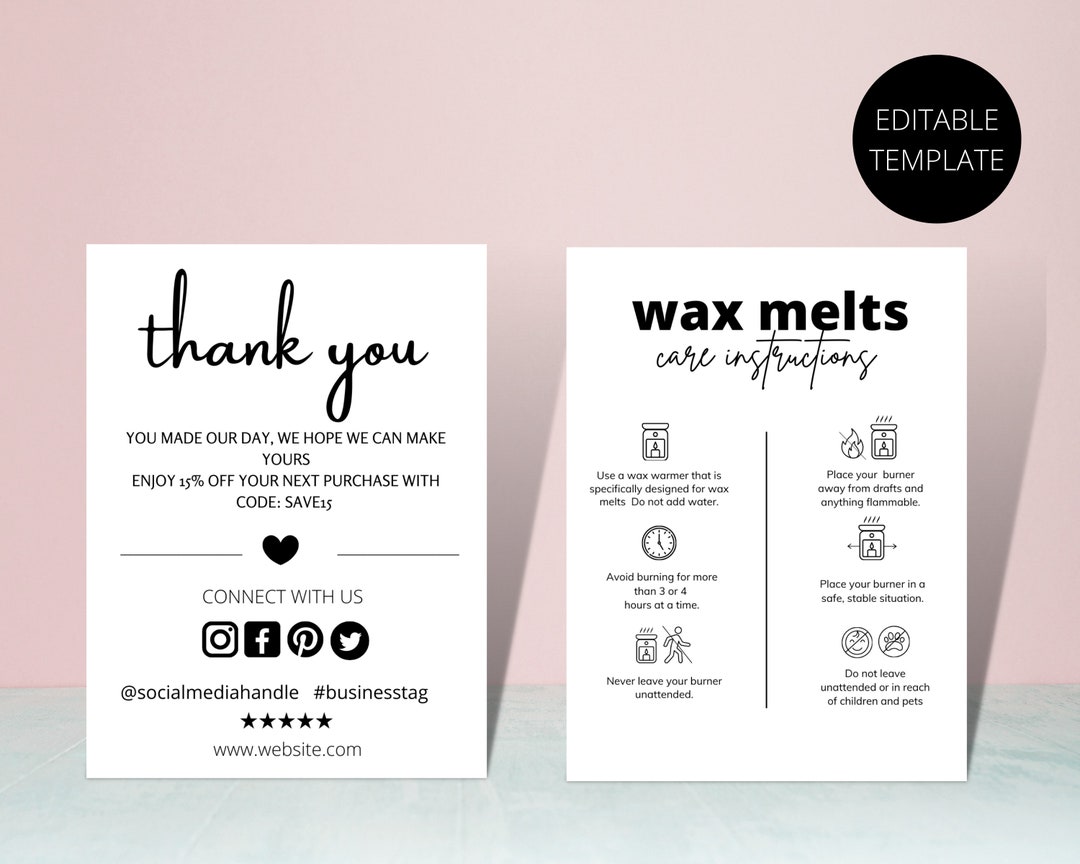 EDITABLE Wax Melt Care Card Wax Card Template INSTANT DOWNLOAD Wax