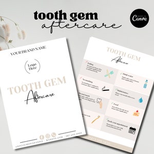 Carte d'entretien des gemmes dentaires, modèle d'entretien des bijoux dentaires imprimable, guide d'entretien des cristaux de dents modifiable, note d'entretien des gemmes dentaires téléchargeable