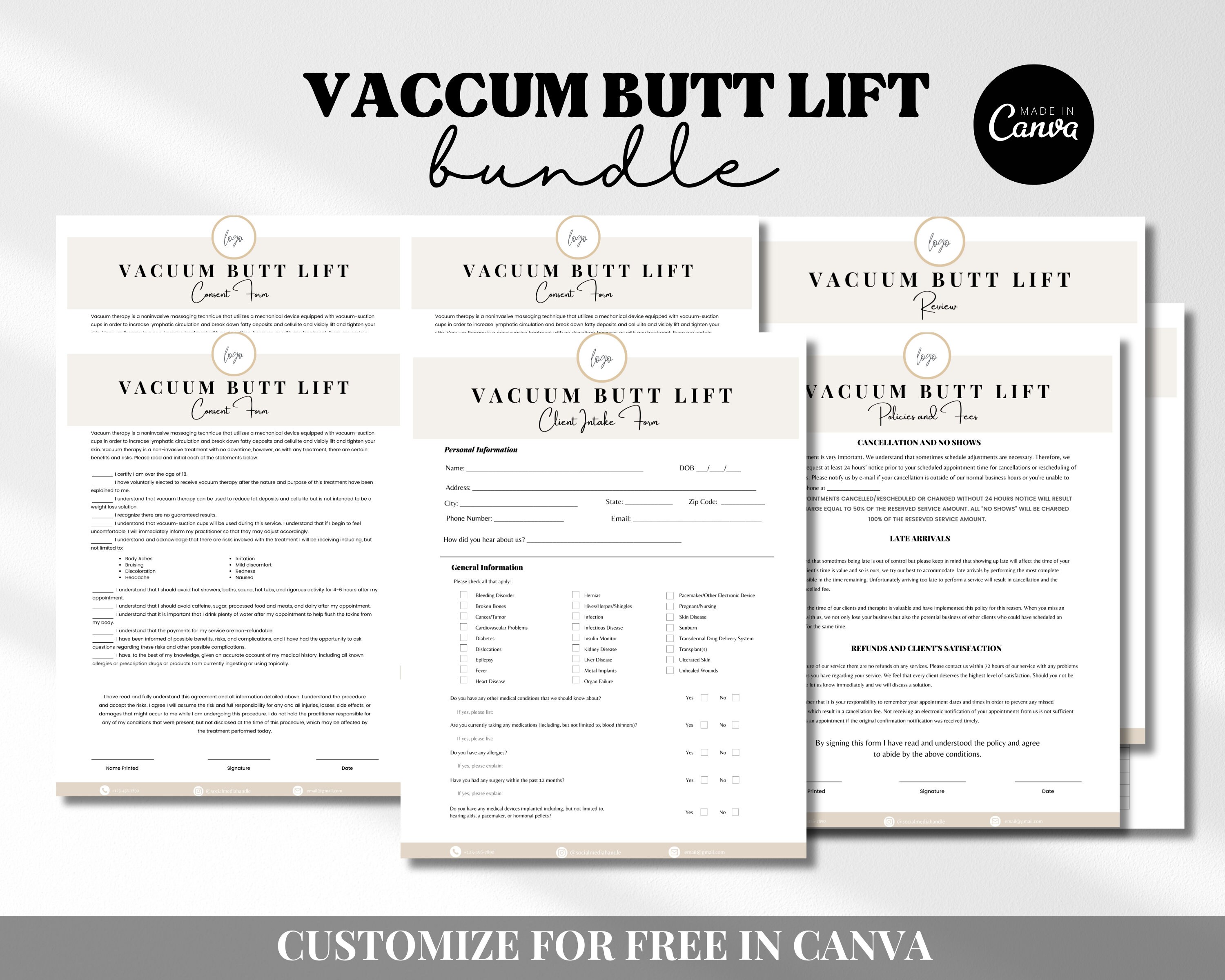 Vacuum Butt Lift Forms | Vacuum Butt Lift Forms Intake Forms | Vacuum Butt Lift Therapy Waiver|Editable Vacuum Butt Lift Forms