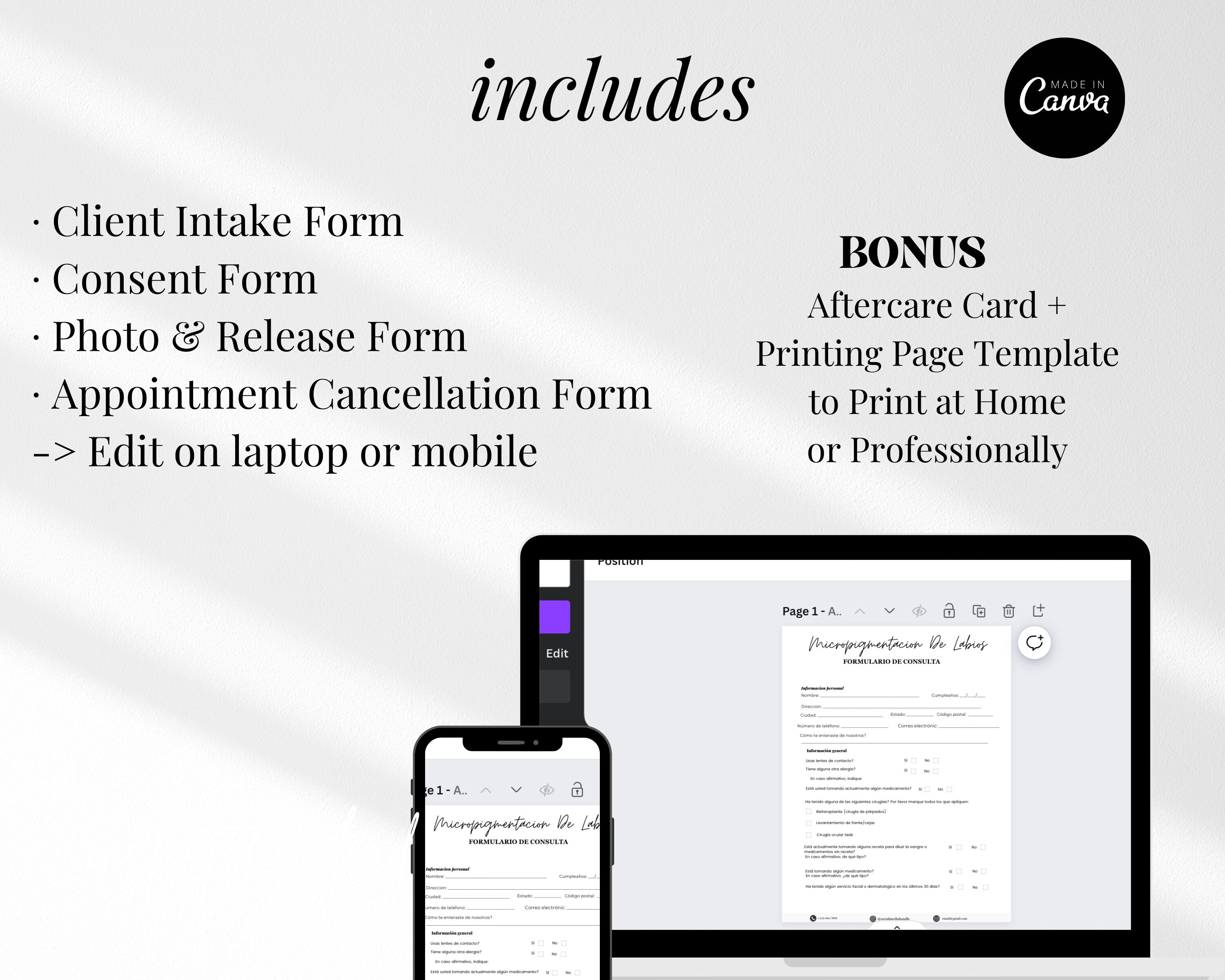 Español Spanish Lip Blushing Forms Editable Lip Blushing Consent