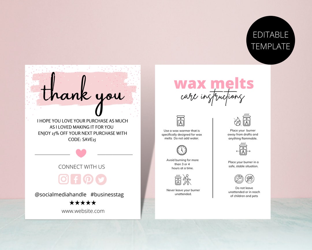 EDITABLE Wax Melt Care Card Wax Card Template INSTANT DOWNLOAD Wax