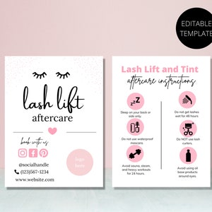 Lash Lift + Tint Verzorgingskaart | Bewerkbare Lash Lift Nazorgkaart | Schoonheidskaart | Roze zorgkaart | Kanva | Wimperverzorgingskaart voor kleine bedrijven