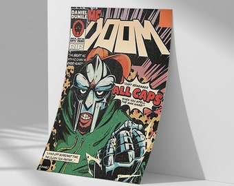 May include: A comic book cover featuring a superhero with a green and black costume, a metal mask, and a large metal hand. The cover is titled "MF DOOM" and features the text "ALL CAPS" in a speech bubble. The comic book cover is a tribute to the rapper MF DOOM.