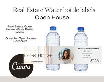 Incantevole etichetta per bottiglia d'acqua Open House -/Etichetta per bottiglia d'acqua immobiliare, modello di etichetta per bottiglia, etichetta per bottiglia modificabile, marketing per agenti immobiliari