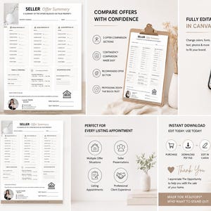 May include: A digital template for realtors, the "Seller Offer Summary" is displayed in multiple formats, including a clipboard and a smartphone. The template is fully editable in Canva and designed to compare offers, with sections for proposals and terms.