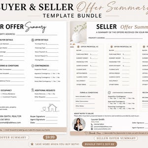 May include: A template bundle for real estate transactions, featuring a Buyer Offer Summary and a Seller Offer Summary. The documents include sections for property details, offer specifics, terms, and agent information. The bundle is designed to streamline the home buying and selling process.