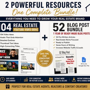 Könnte beinhalten: Ein digitales Marketing-Bundle für Immobilienprofis. Das Bild zeigt zwei Ressourcen: 104 YouTube-Videoideen und ein 52-Blog-Post-Bundle. Der Text enthält "Alles, was Sie brauchen, um Ihre Immobilienmarke auszubauen".