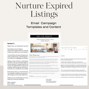 May include: A digital document with the text "Nurture Expired Listings" and "Email Campaign Templates and Content." The document includes a sample email from "NXT LVL REALTY" with the headline "YOUR HOME DIDN'T SELL NOW WHAT?" and a photo of a woman.