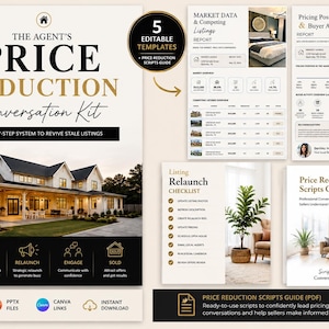 Può includere: Un kit di marketing digitale intitolato "The Agent's Price Reduction Conversation Kit" con modelli e script modificabili. Il design presenta un'immagine di una casa, grafici e un elenco di controllo, il tutto in una palette di colori neutri.