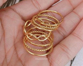 Gold Filled Stacking Ring: Handcrafted Braided Rope Band Ring, Set Of 7 Rings
