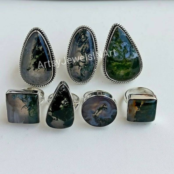 Wholesale Lot Natural Green Moss Agate Ring, 925 Silver Plated Ring, Ring For Women, Handmade Ring, Wholesale Moss Agate Ring, US SZ 6 To 10