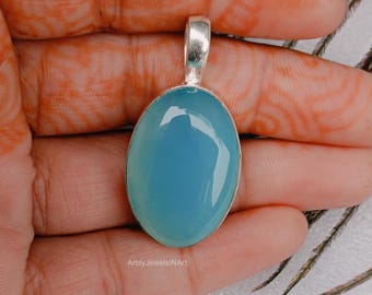 Blue Aqua Chalcedony Pendant: 925 Sterling Silver, Boho Gemstone Pendant