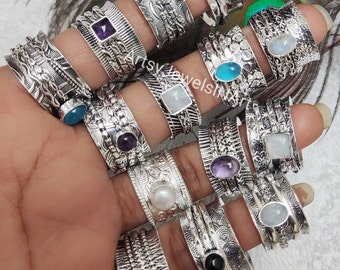 Anillos de lote al por mayor, anillos de piedras múltiples, anillos chapados en plata 925, anillo de ansiedad, joyería para mujer, anillos de lote hechos a mano, anillo giratorio, regalo para ella