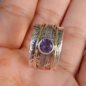 Handmade 925 Sterling Silver Amethyst Spinner Ring: Boho Fidget Jewelry