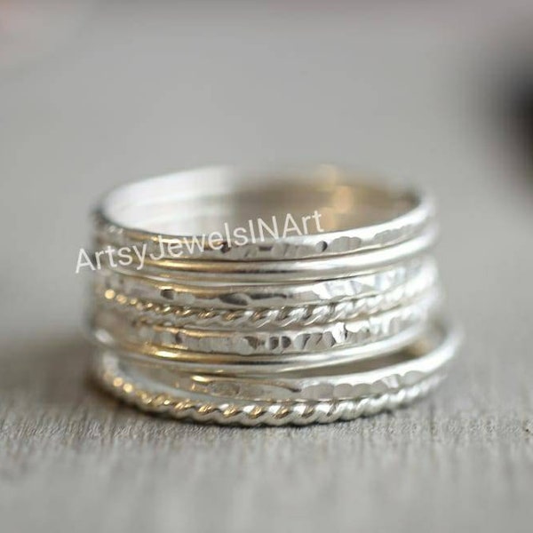 Sterling Silver Stacking Ring Set, Set Of 8 Sterling Silver Stacking Rings, Simple Silver Hammered And Twist Bands
