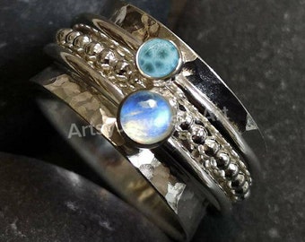 Anillo giratorio de piedra lunar y larimar, anillo giratorio de plata de ley 925, anillo hecho a mano, anillo de meditación, anillo de piedras preciosas, anillo de ansiedad, anillo de regalo.