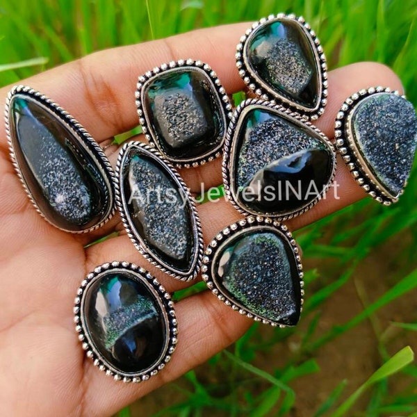 AAA+ Quality Black Window Druzy Rings, 925 Silver Plated Rings, Handmade Ring, Wholesale Lot Rings, Natural Black Window Druzy US SZ 6 To 11