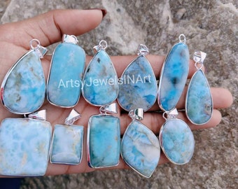 Wholesale Lot Natural Larimar Pendants, Larimar Gemstone Bezel Pendants,  925 Silver Plated Bezel Pendants, Bulk Lot Pendants, For Women's.