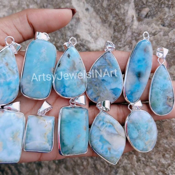 Wholesale Lot Natural Larimar Pendants, Larimar Gemstone Bezel Pendants,  925 Silver Plated Bezel Pendants, Bulk Lot Pendants, For Women's.