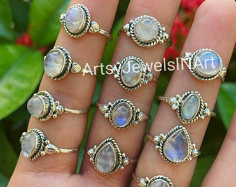 Natural Moonstone Rings, 925 Silver Plated Ring, Wholesale Ring, Wholesale Moonstone Rings, Gemstone Lot Ring, Women Rings, US SZ 6 To 10