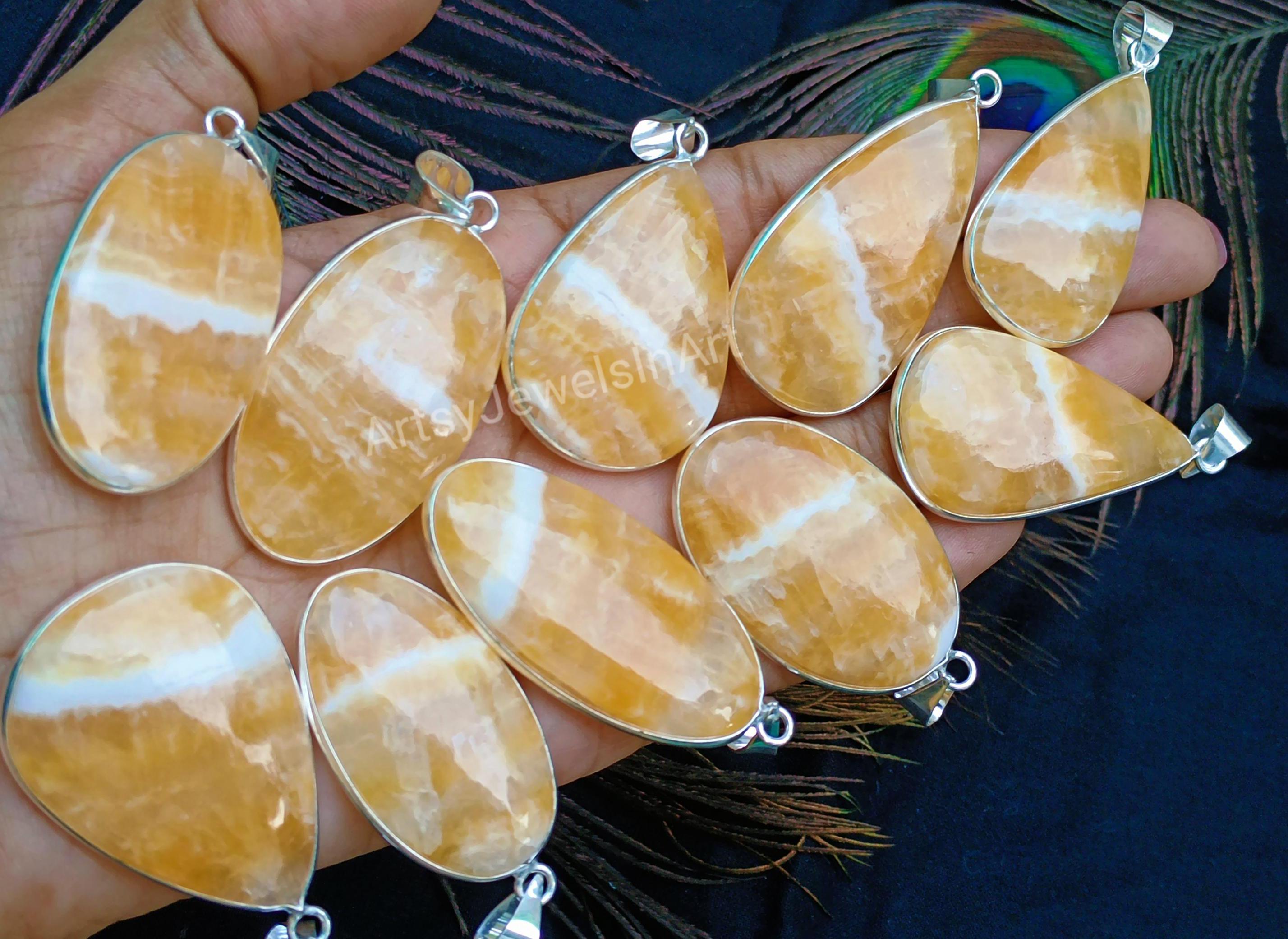 Top Quality! Natural Yellow Lace Agate Pendants, 925 Sterling Silver Plated Bezel Pendant Jewelry, Wholesale Lot, Mix Shape & Sizes, Sale