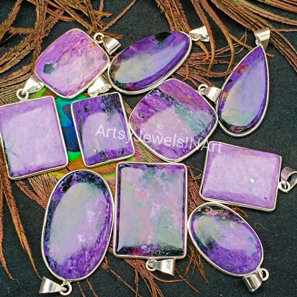 Natural Purple Charoite Pendant, Wholesale Lot Pendant, Gemstone Lot, 925 Silver Plated Pendants, Mix Shapes & Size, Bezel Pendants Jewelry