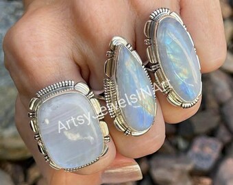 Natural Moonstone Ring, 925 Silver Plated Ring, Wholesale Ring, Wholesale Moonstone Rings, Gemstone Lot Ring, Women Rings, US SZ 6 To 10