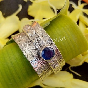 Blue Sapphire Spinner Ring: Handmade 925 Sterling Silver Anxiety Jewelry