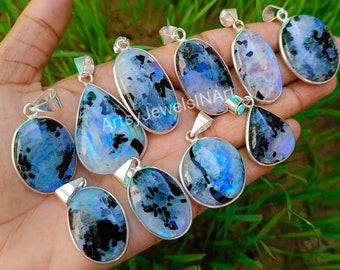 Natural Rainbow Moonstone Pendant, Black Tourmaline Moonstone  Pendants, 925 Silver Plated Pendant, Bezel Lot Blue Flash Moonstone Pendants