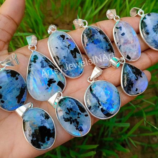 Natural Rainbow Moonstone Pendant, Black Tourmaline Moonstone  Pendants, 925 Silver Plated Pendant, Bezel Lot Blue Flash Moonstone Pendants