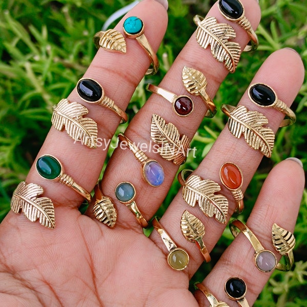 Multi Gemstone Rings, Wholesale Lot Feather Rings, Yellow Brass Plated Ring, Women Gift Ring, Adjustable Wholesale Bulk Rings,US SZ 6 To 11